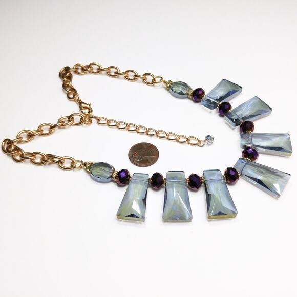 Blue Crystal Choker Necklace, Purple Beads, Gold Tone Chain, 21 Inches - Picture 5 of 8